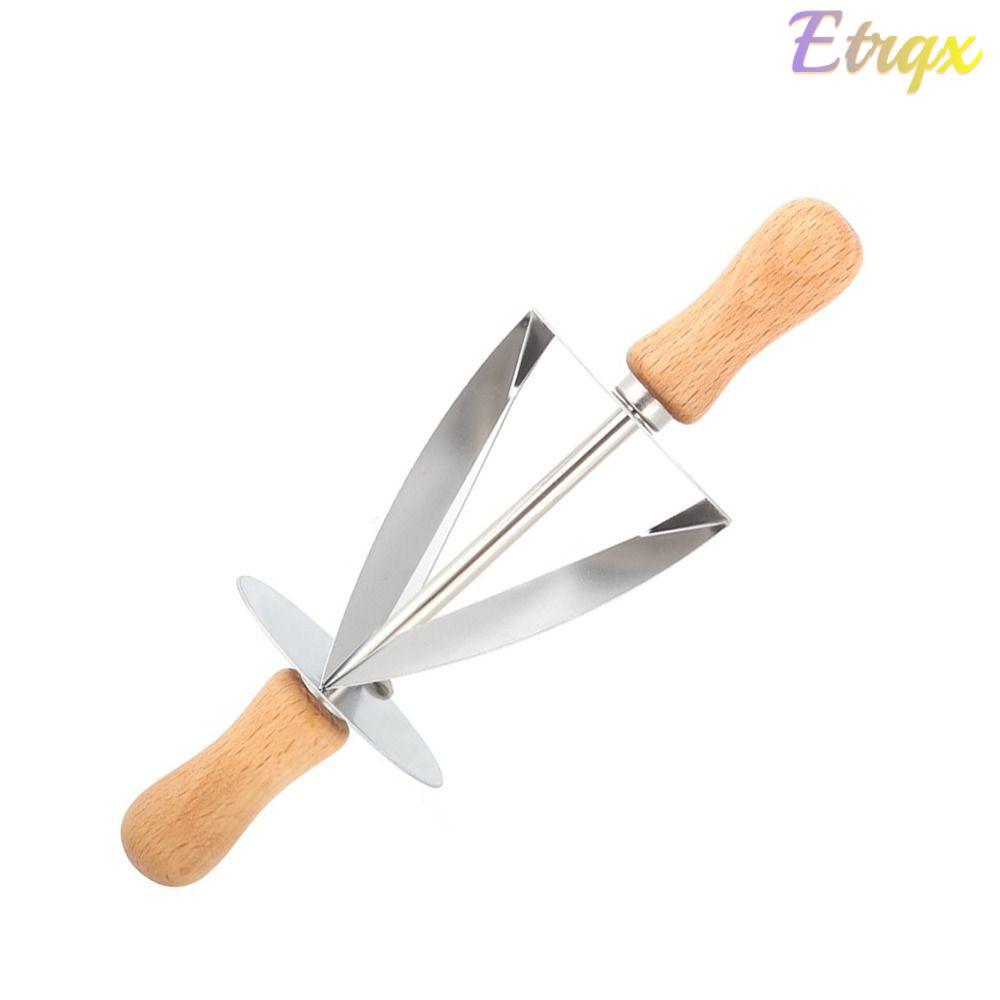 ETRQX ครัวซองต์ Rolling Cutter,ยาวด้ามไม้ไม่สม่ําเสมอลูกกลิ้งแป้งล้อตัด,เครื่องมือทําขนมตัดสามเหลี่ย