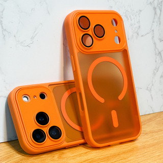 เคสโทรศัพท์-เคสโทรศัพท์ชาร์จไร้สายแม่เหล็กสีส้มหรูหราเข้ากันได้กับ iPhone 17 Pro Max Air 16 15 14 13 12 11 Pro Max 17Pro 17Promax Matte Translucent Hard Case กันกระแทกหุ้มเกราะกล้องเลนส์ป้องกันกรณี