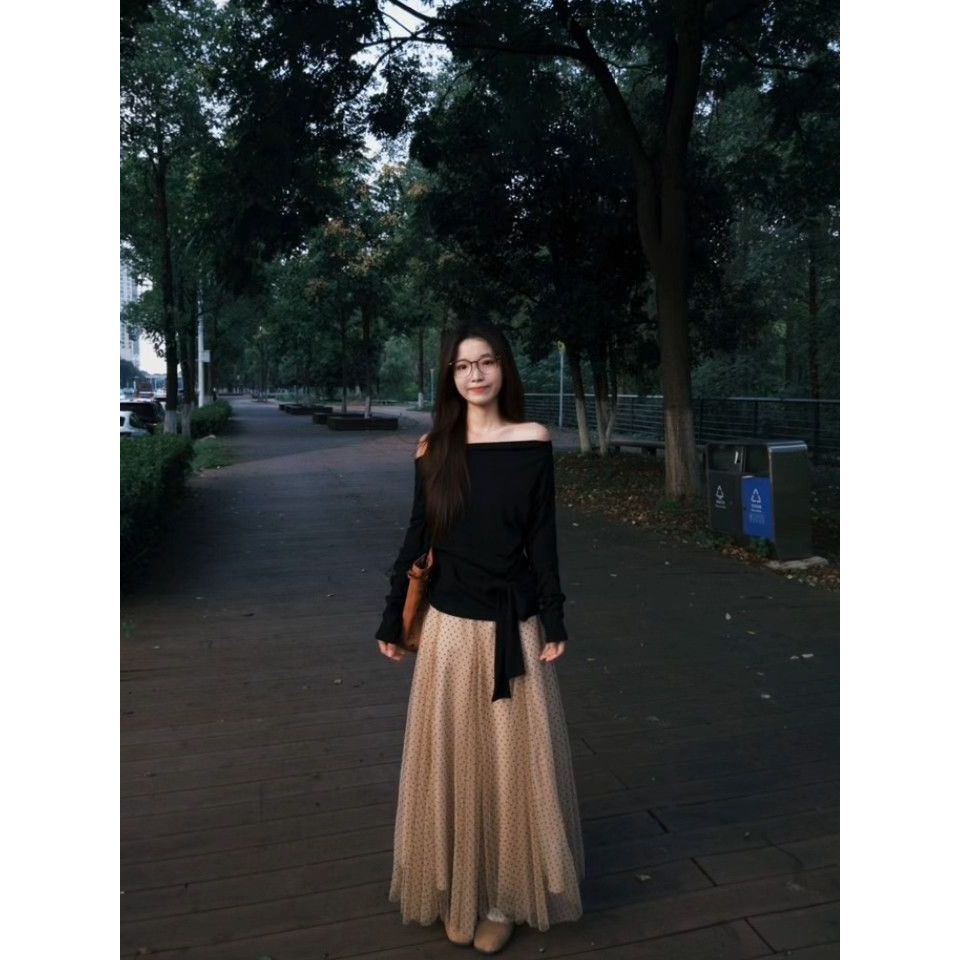 สีดําเกาหลีจุดคลื่นแขนยาวลูกไม้ขึ้นฤดูใบไม้ร่วงเอวด้านบนสไตล์แฟชั่นครึ่งความยาวเข้ารหัสไหล่สูงกระโปร