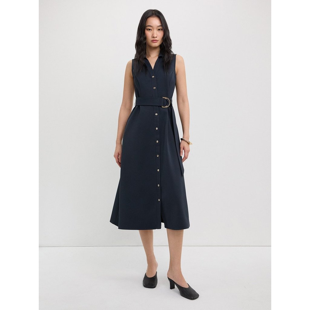 [Pomelo] เดรสยาวแม็กซี่แขนกุดปกโปโลพร้อมเข็มขัด / Sleeveless Polo Collar Maxi Dress
