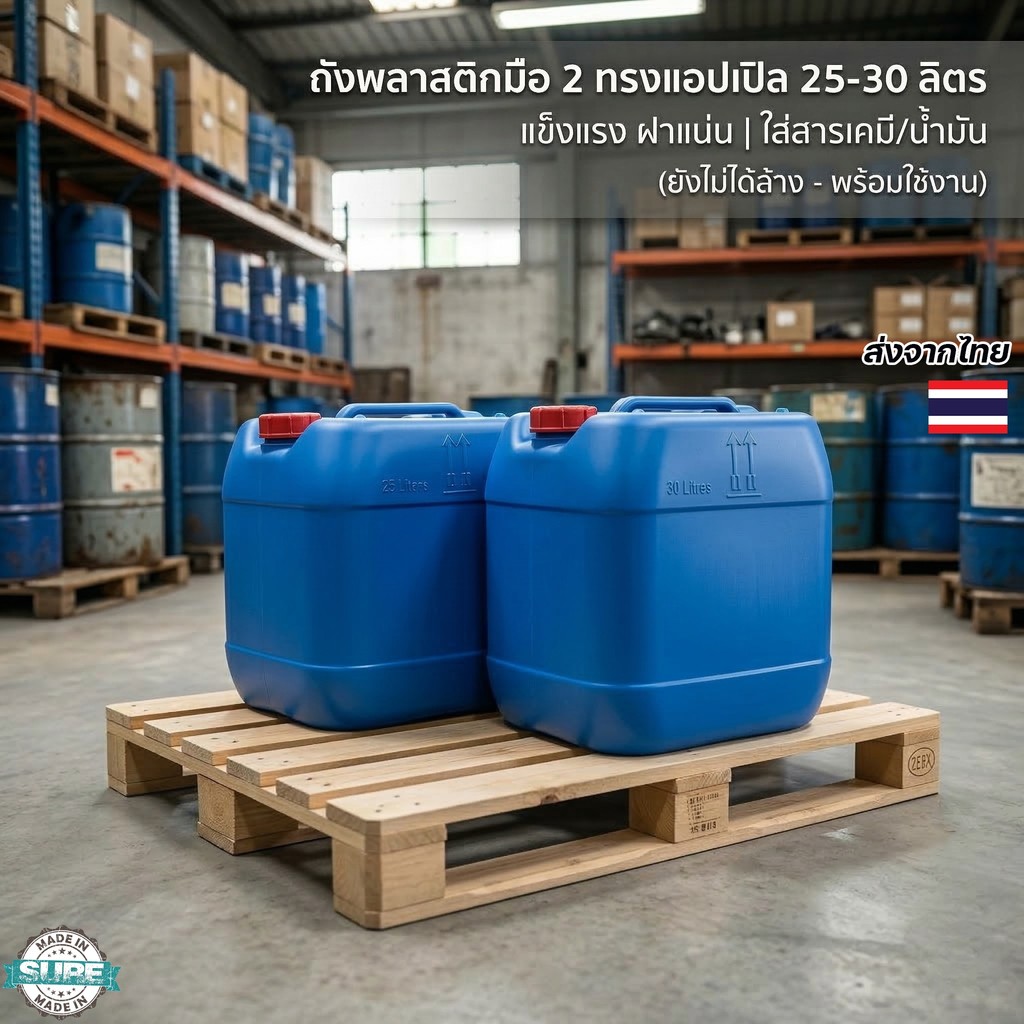 ถังใส่น้ำมันมือสอง ถังพลาสติก  30 ลิตร ทรงแอปเปิ้ล แกลลอนน้ำมัน ถังบรรจุสารเคมี ถังใส่ของเหลว ฝาปิดแ