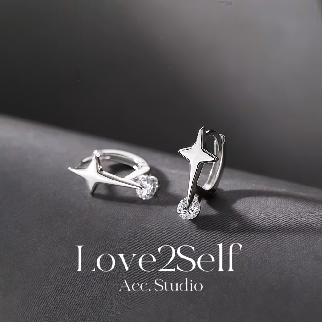 【Love2self】E311 ต่างหูผู้หญิง กันแพ้ ห่วงฮักกี้ ครอส ดาว ซิรโคเนียเงิน วาวใส ใส่เดลี่ได้ ของขวัญ