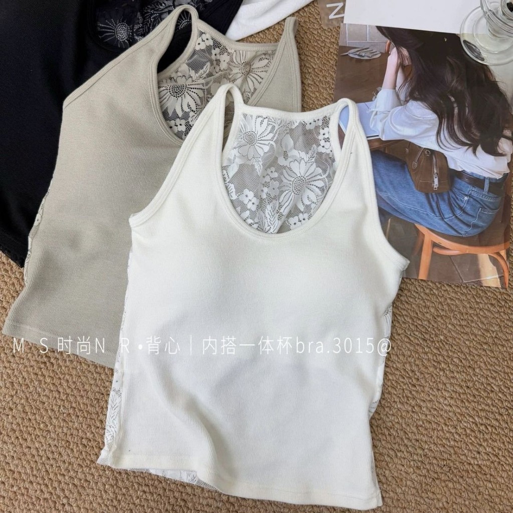 【WJZ】เสื้อสายเดี่ยวสไตล์เกาหลีสำหรับผู้หญิง ทำจากผ้าฝ้ายแท้ 100% ดีไซน์เซ็กซี่ มีช่องเปิดด้านหลังและประดับลูกไม้ (มีแผ่นเสริมทรง)【L1022】