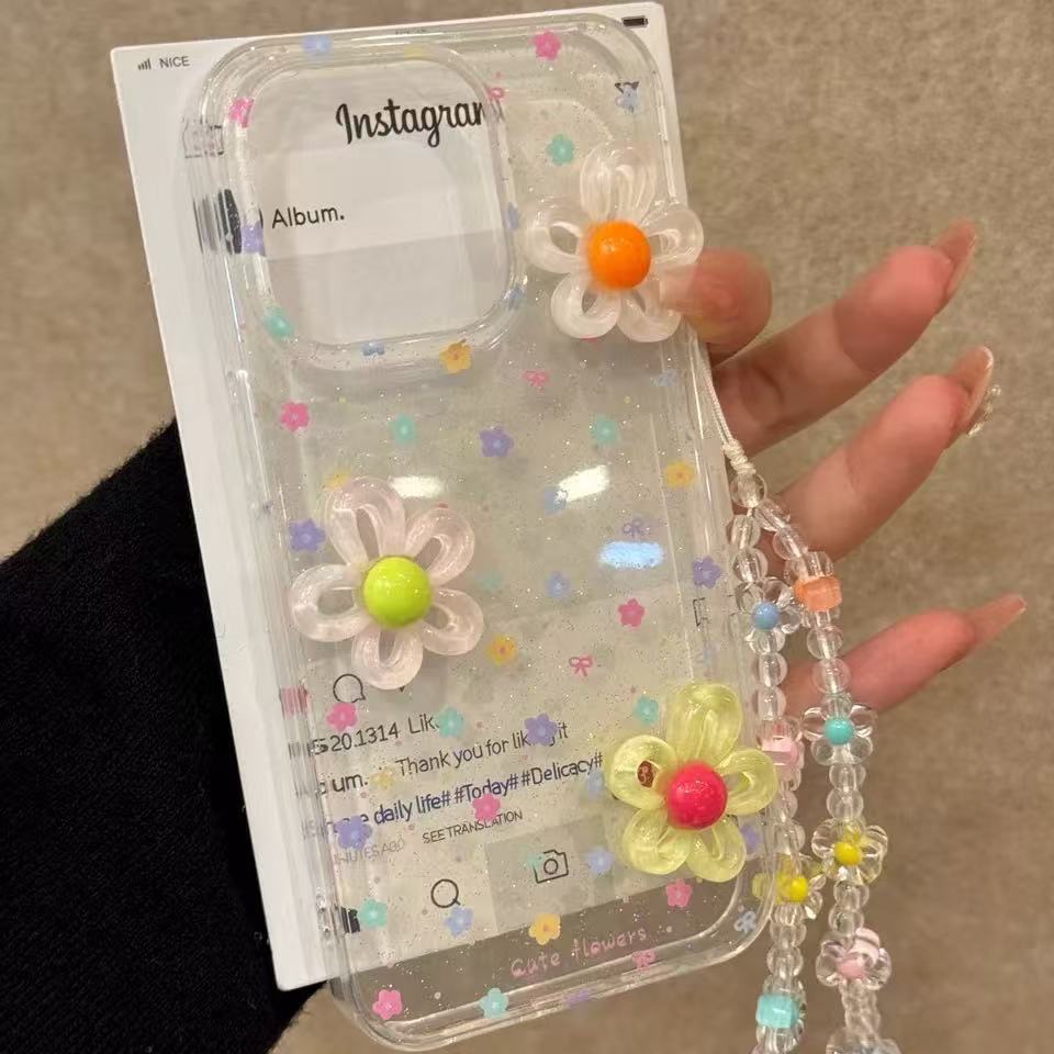 Creative โปร่งใสด้านล่างกระพริบดอกไม้เหมาะสําหรับ ihone16promax Apple 15pro เคสโทรศัพท์ 14 สไตล์ใหม่