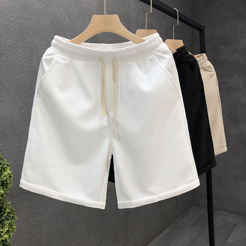 Waffle White Shorts Mens Street Wear All-Match Five-Point Pants Mens Loose Straight Large Pants20260