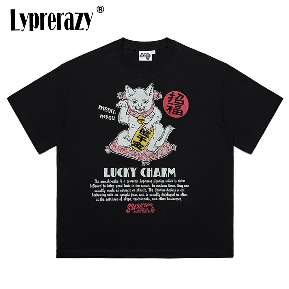 Lyprerazy สไตล์ญี่ปุ่นฤดูร้อน Lucky Cat พิมพ์เสื้อยืดแขนสั้นคู่ลูกเรือคอครึ่งแขนเสื้อยืดผ้าฝ้าย