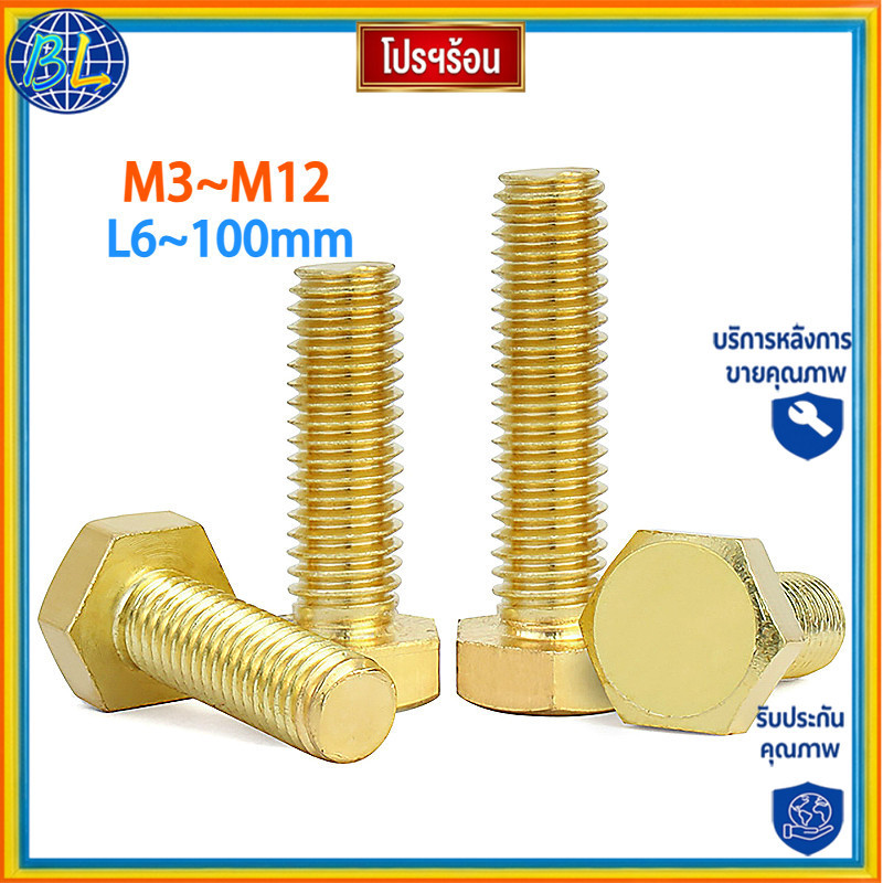 คุณภาพสูง น็อต สกรู หัว 6 เหลี่ยม โบลท์ สกรูทำจากทองเหลือง  เกลียวมิล ตลอด หยาบ M3/M4/M5/M6/M8/M10/M