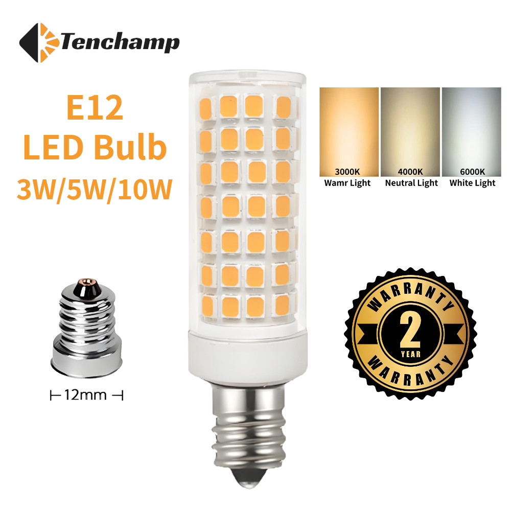 Tenchampรับประกันสองปีหลอดไฟ LED, E12,220V,3W 5W,10W, แสงสีขาว 6000K, แสงเป็นกลาง 4000K, แสงอบอุ่น 3000K, ความสว่างสูง, สามารถเปลี่ยนโคมไฟไส้,