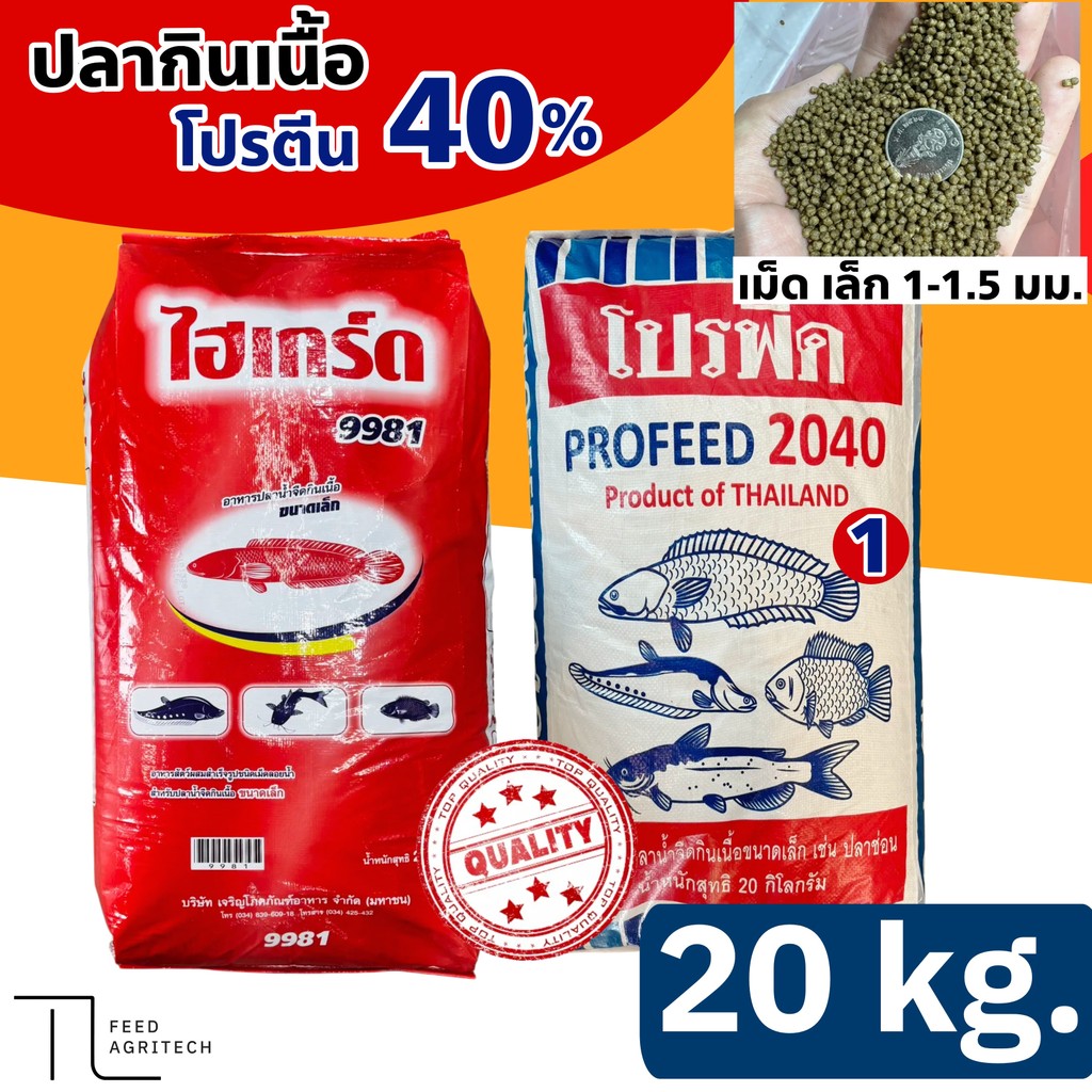อาหารปลากินเนื้อ โปรฟีด2040 เบอร์1 ไฮเกรด9981 โปรตีน 40 % ใช้กับปลาทุกชนิด #เม็ดเล็ก กระสอบ 20กิโล