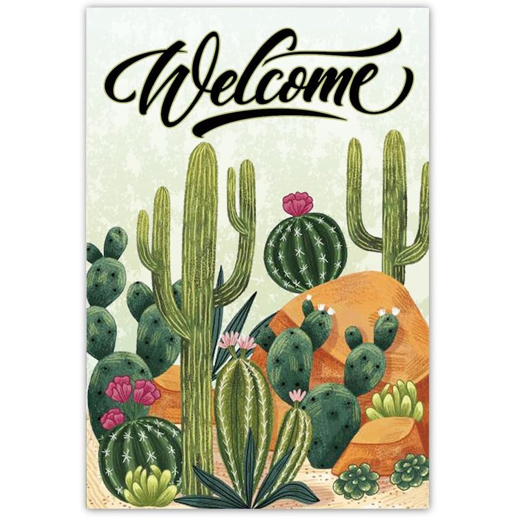 Gobi Cactus Flower Welcome, 12.5 x 18 นิ้ว Double Sided Rustic Farmhouse Garden Flag, Spring Summer 