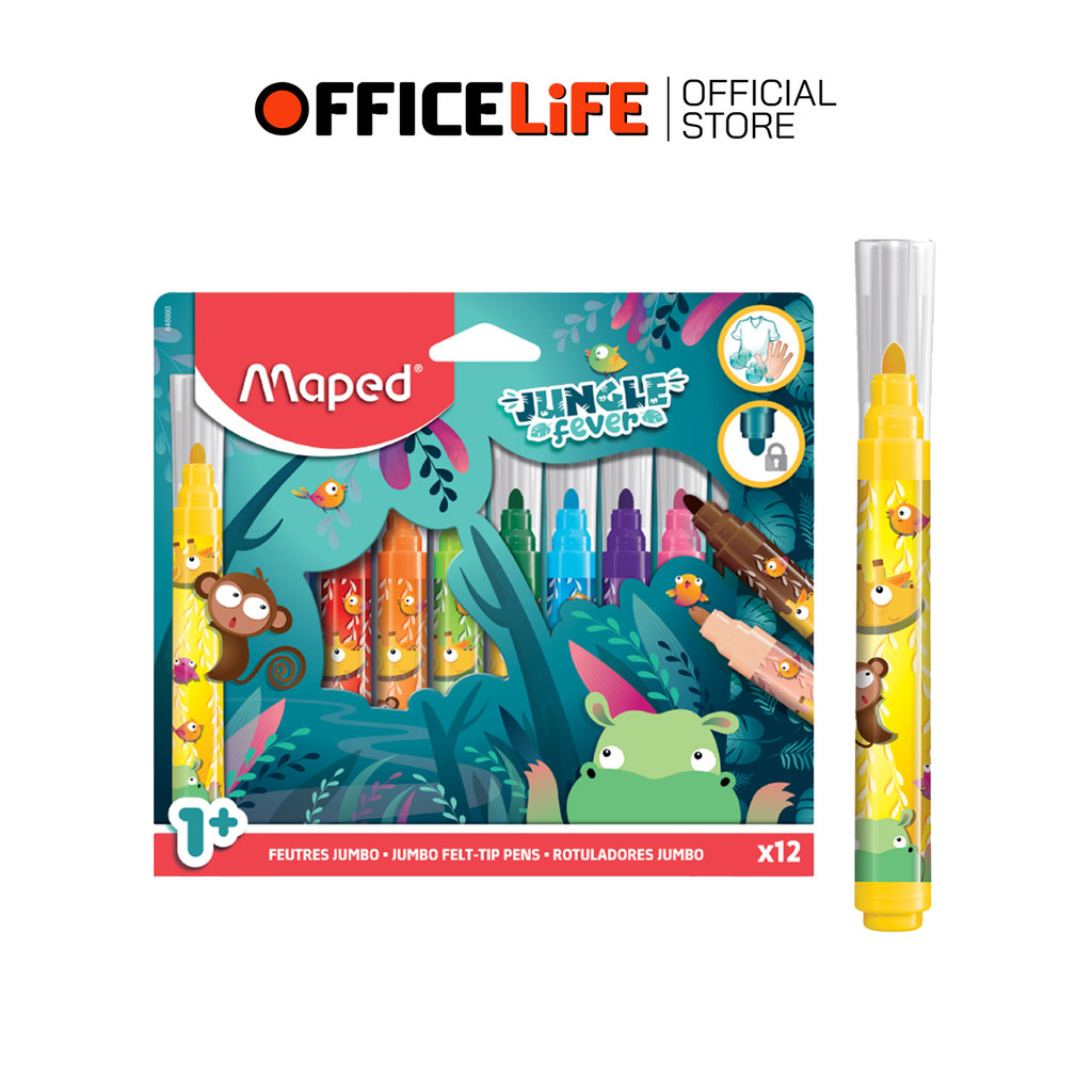 MAPED (มาเพ็ด) สีเมจิกจัมโบ้ จังเกิ้ล 12 สี Jungle Fever Feutres Jumbo ล้างออกได้ ( 12 สี / กล่อง )