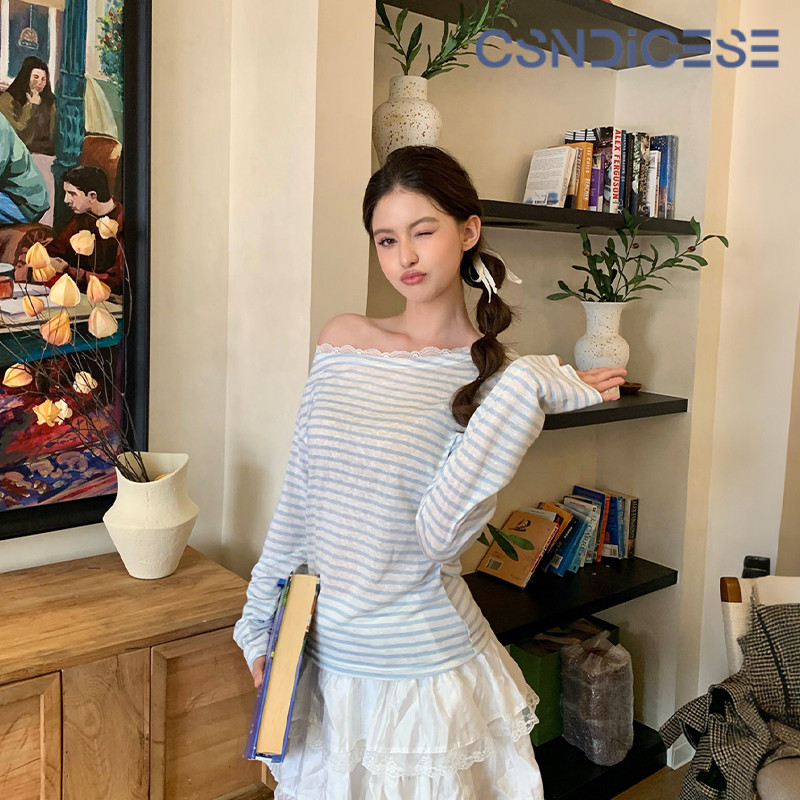 【CSND】เสื้อยืดคอปกเฉียงประดับลูกไม้ ลายทาง ทรงเข้ารูป ดูผอมเพรียว ใส่ได้ทุกวัน ราคาน่ารัก S-XL