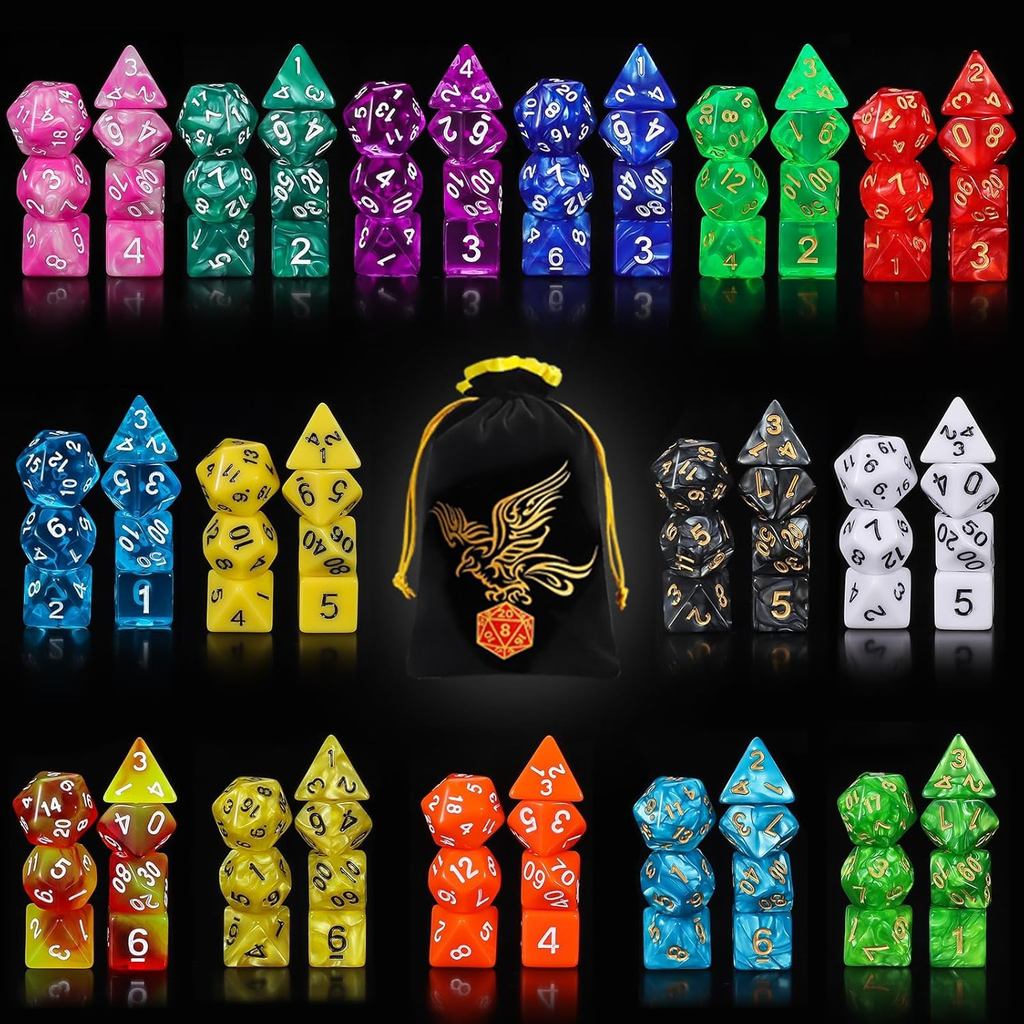 QMay DND Dice Set 15 X 7 ลูกเต๋า Polyhedral (105 ชิ้น) พร้อมผ้าสักหลาดขนาดใหญ่ 1 ใบ, D&D ลูกเต๋า (D4