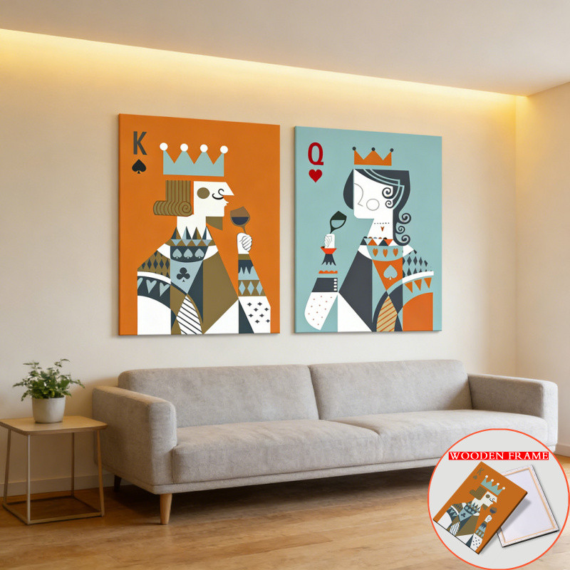 พร้อมกรอบModern บทคัดย่อโป๊กเกอร์ King & Queen ผ้าใบ Wall Art ตัวเลขเรขาคณิตคู่แขวนภาพวาด Mid-Century Wall Decor พร้อมกรอบไม้ด้านในห้องนั่งเล่น Aesthet