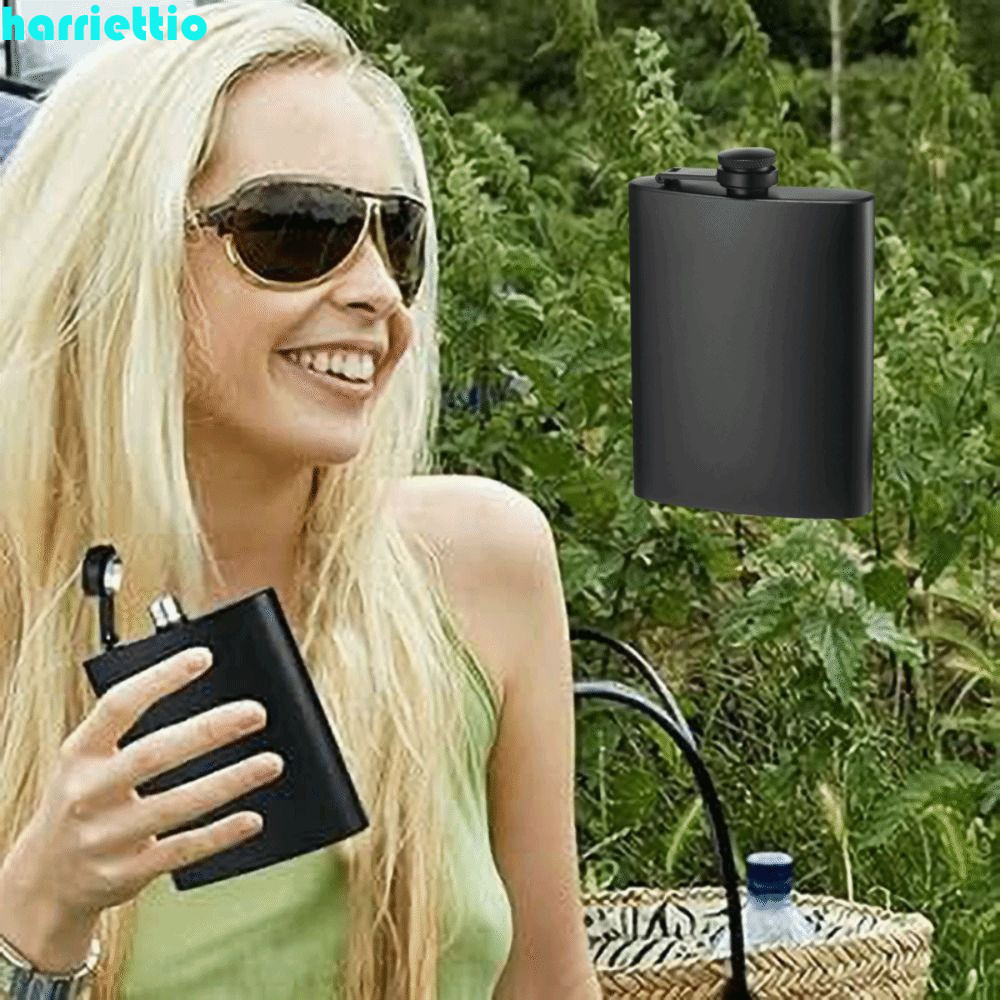HARRIETTIO Black Pocket Flagon, Flat Hip Flask