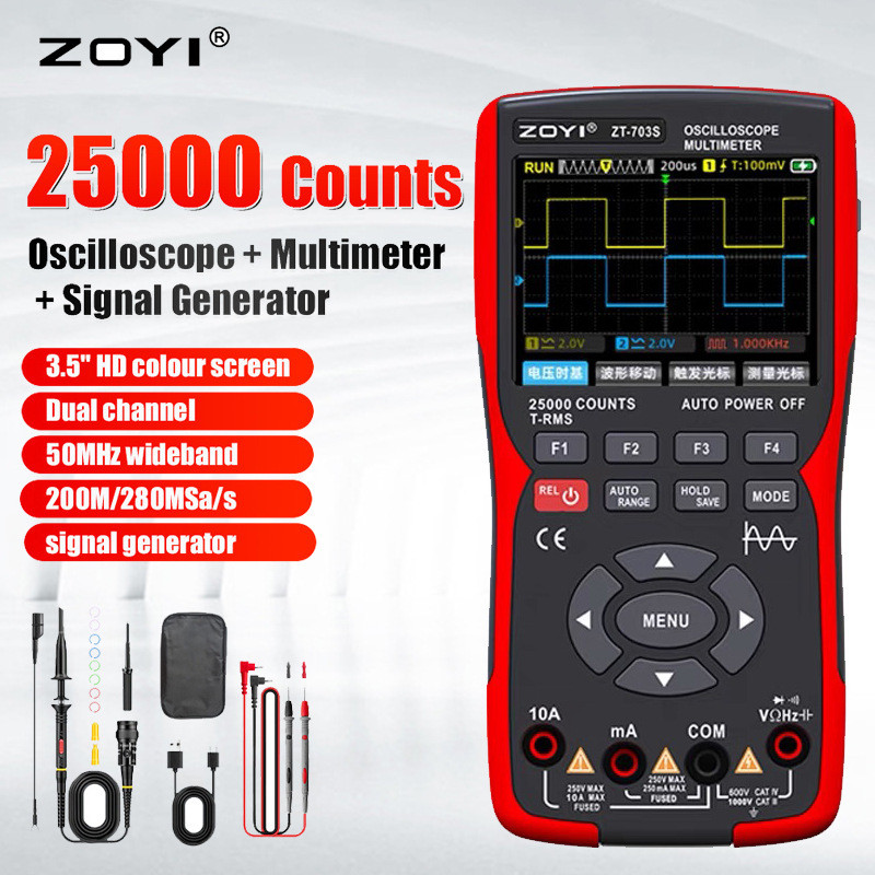 ZOYI ZT703S ออสซิลโลสโคป 2 แชนเนล 50MHz มัลติมิเตอร์ เครื่องกำเนิดสัญญาณ ซ่อมรถยนต์