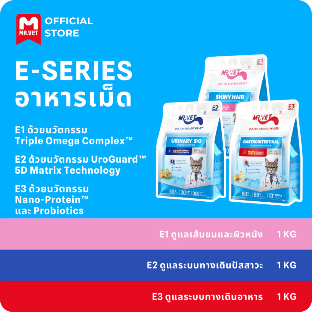 [ชุดรวม 1/5 ถุง]MRVET อาหารแมว E-series E1 E2 E3 ชุดใหม่ขนนุ่มปกป้องสุขภาพการย่อยอาหาร