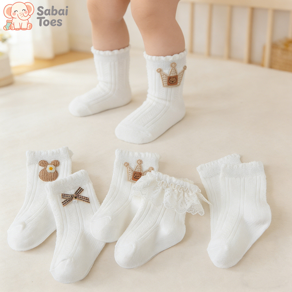 Sabai Toes ถุงเท้าเด็กแรกเกิดลายการ์ตูนน่ารัก ทำจากผ้าฝ้ายแท้ เนื้อนุ่มอ่อนโยนต่อผิว เหมาะสำหรับเด็กอายุ 0-3 ปี