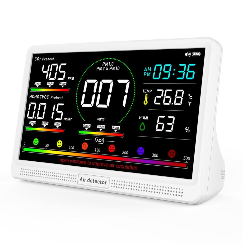 16-in-1 Air Quality Monitor Indoor, 7" Display 9 AQI Metrics & 7 AQI Alarms, Monitors CO2, PM2.5, PM