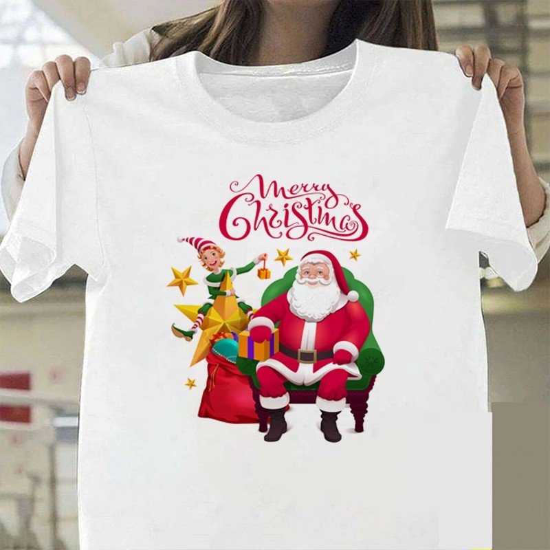 CODReady StockMerry Christmas Sweethearts ชุดฤดูร้อนการ์ตูน Santa Claus ผู้หญิงรอบคอแขนสั้นผู้หญิง t