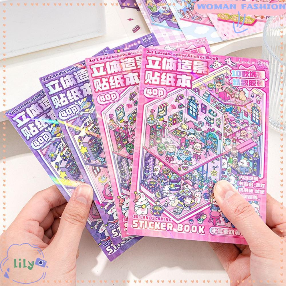 LILY Cabin Scene Pocket Sticker, PET Miniature House Landscape Sticker Book, Creative Cartoon DIY Mi