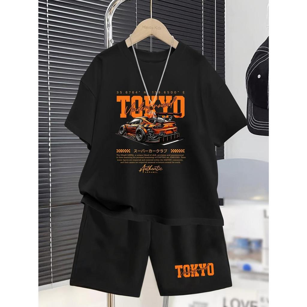 ชุดเสื้อยืดและกางเกงขาสั้นลายรถยนต์กีฬาสำหรับเด็กชายอายุ 5-6, 6-7, 8-10, 12-14, 14-16 ปี ชุดสองชิ้นสไตล์แฟชั่นสำหรับฤดูร