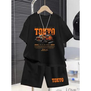 ชุดเสื้อยืดและกางเกงขาสั้นลายรถยนต์กีฬาสำหรับเด็กชายอายุ 5-6…