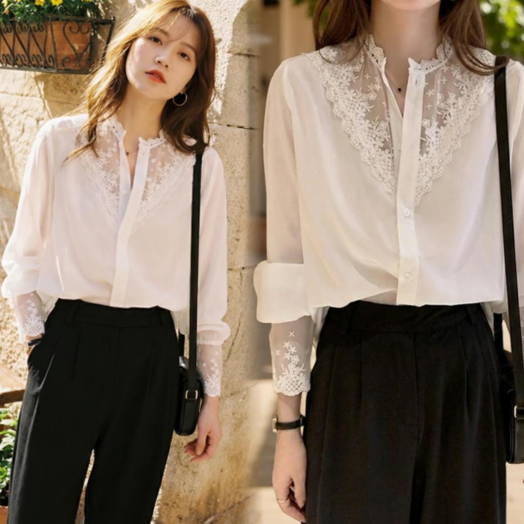 Black#เสื้อเชิ้ตผู้หญิงแขนยาว แต่งขอบลูกไม้ สีพื้น คอวี ทรงหลวม สไตล์ฤดูใบไม้ผลิ/ฤดูร้อน รุ่น99293