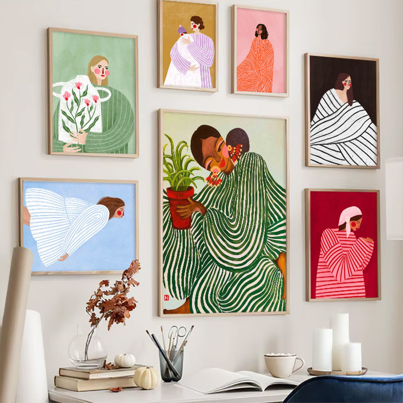 Impression Character โปสเตอร์ลายชุดผู้หญิง Embrace พืชผ้าใบภาพวาด Wall Art ตกแต่งเหมาะสําหรับ Garden ห้องนอน