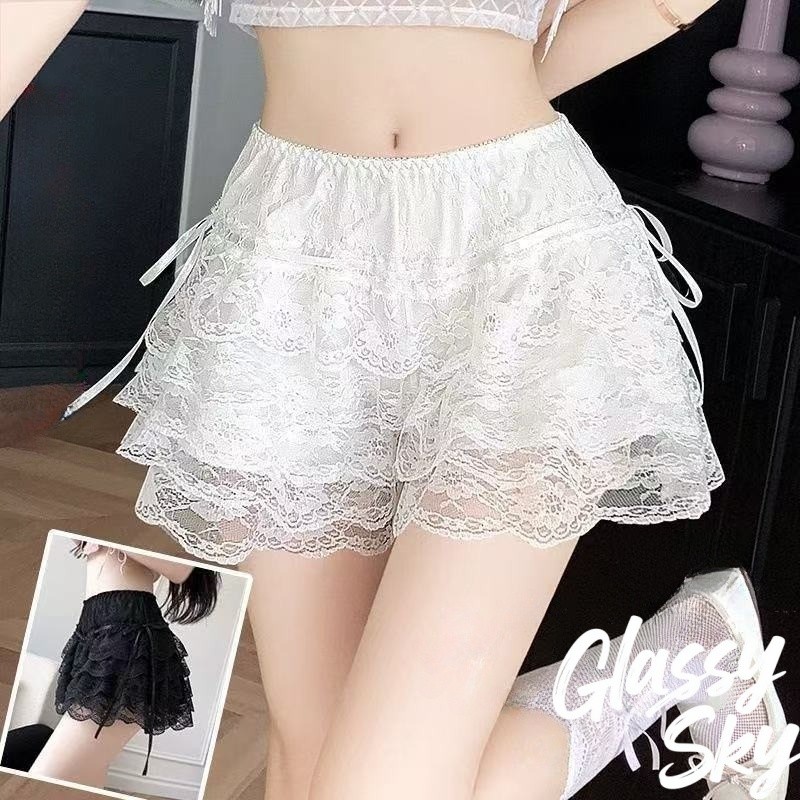 Glassy Sky😜พร้อมส่ง 2026 างเกงเลกกิ้ง ลูกไม้ขาสั้น แต่งลายคลื่นเป็นชั้นๆ  เอวสม็อค ผ้าที่ระบายอากาศได้ดี(KK1158)