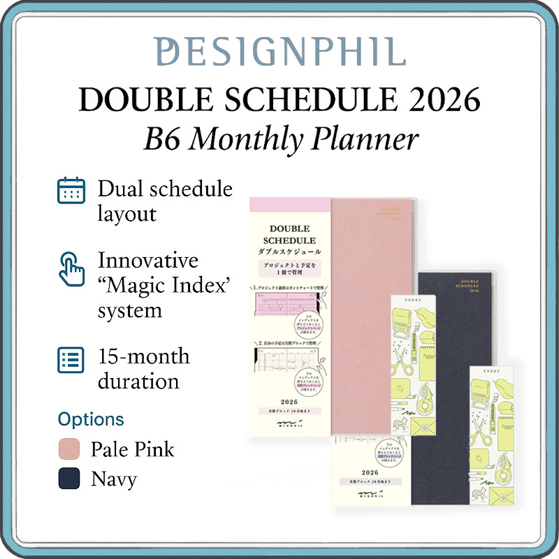 Midori Double Schedule 2026 B6 Monthly Planner – 15-Month Gantt Chart Project & Personal Calendar wi