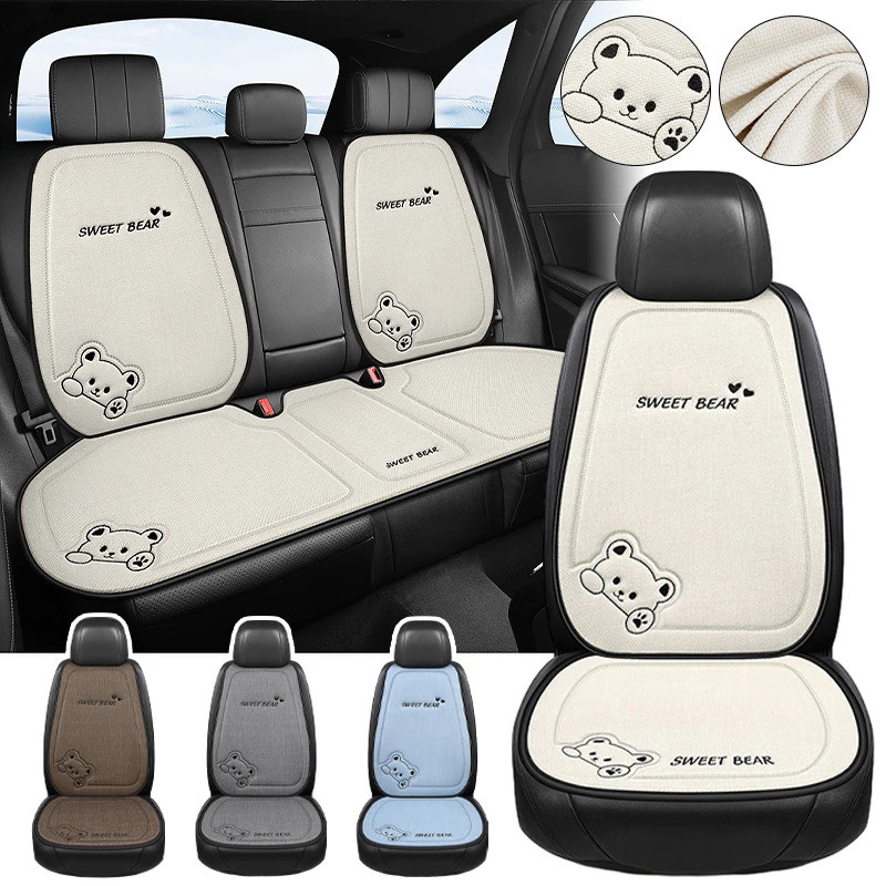 ผ้าลินินการ์ตูนหมีรถที่นั่งเบาะรองนั่งผู้หญิงน่ารักหรูหรา Anti Slip Breathable ที่นั่ง Protector Universal สําหรับรถเก๋ง SUV