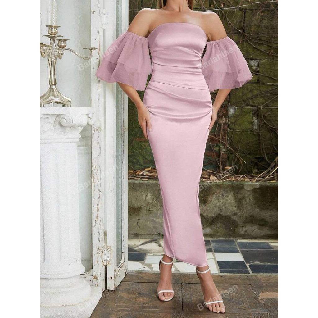✅พร้อมส่ง✅ Off Shoulder Ruched Split Back Satin Bodycon Dress Wedding Guest Dress