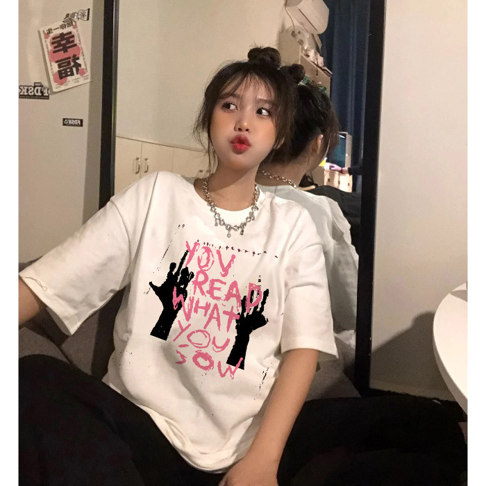 COD [240g Tight-220g ผ้าฝ้ายแท้] เสื้อยืดแขนสั้นพิมพ์ลายผ้าฝ้ายหลวม Slimmer ดู All-Match Top ins อิน