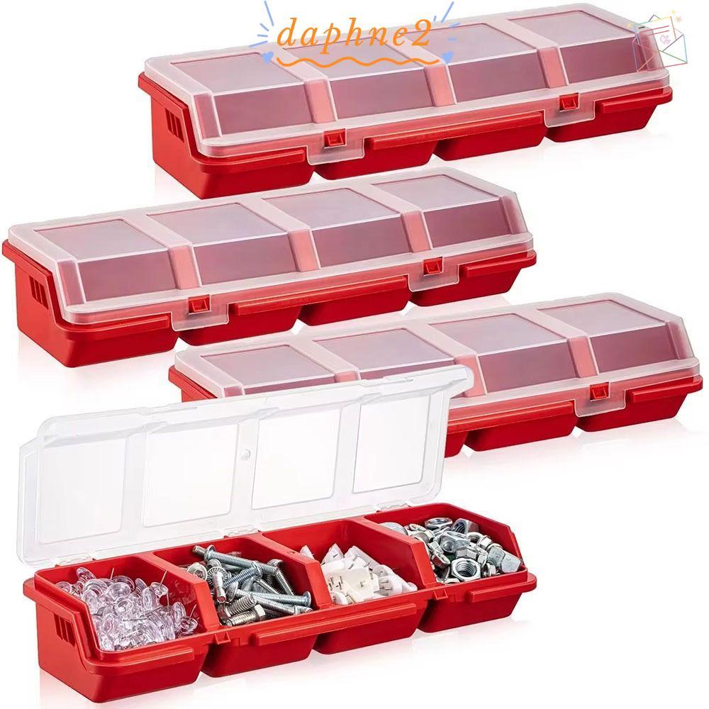 DAPHNES กล่องเก็บชิ้นส่วน 1 ชิ้น, สีฟ้าสีแดงพร้อมฝาปิดสกรูกล่องจัดระเบียบ, จอแสดงผลพลาสติกทนทาน 4 ช่องเครื่องมือถังคอนเทนเนอร์