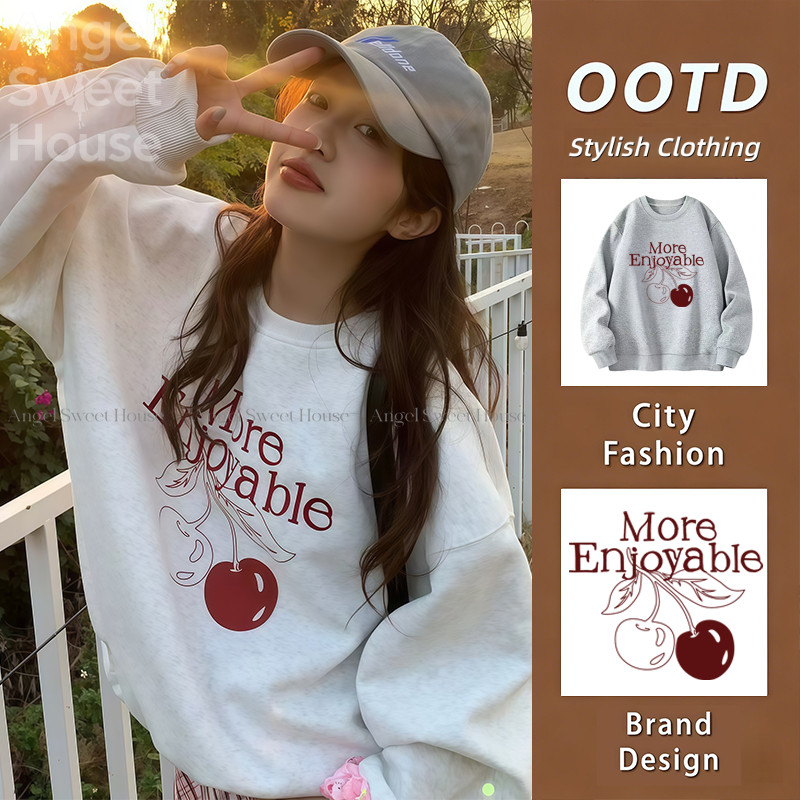 [จัดส่งตลอด 24 ชม.] Angleficial เสื้อแขนยาว ผู้หญิงเชอร์รี่เสื้อแขนยาวเสื้อสวมหัวหลวมที่เรียบง่ายฤดูใบไม้ร่วงเสื้อลําลอง