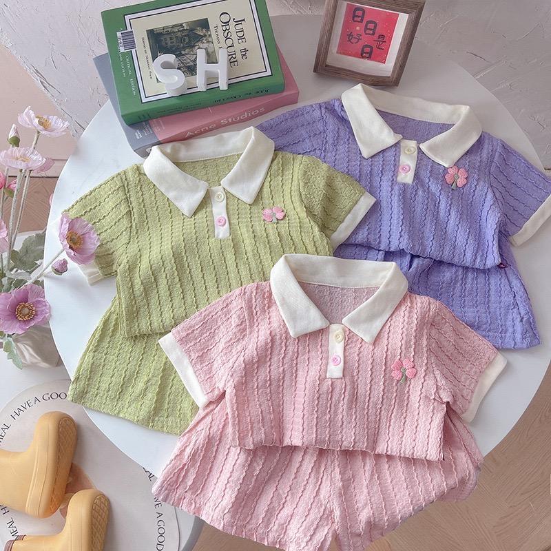 MooDeng Baby ชุดเสื้อโปโล สีชมพู สีม่วง สีเขียว มีลวดลาย สำหรับเด็กผู้หญิง กางเกงขาสั้น เสื้อแขนสั้น รูปที่ 7