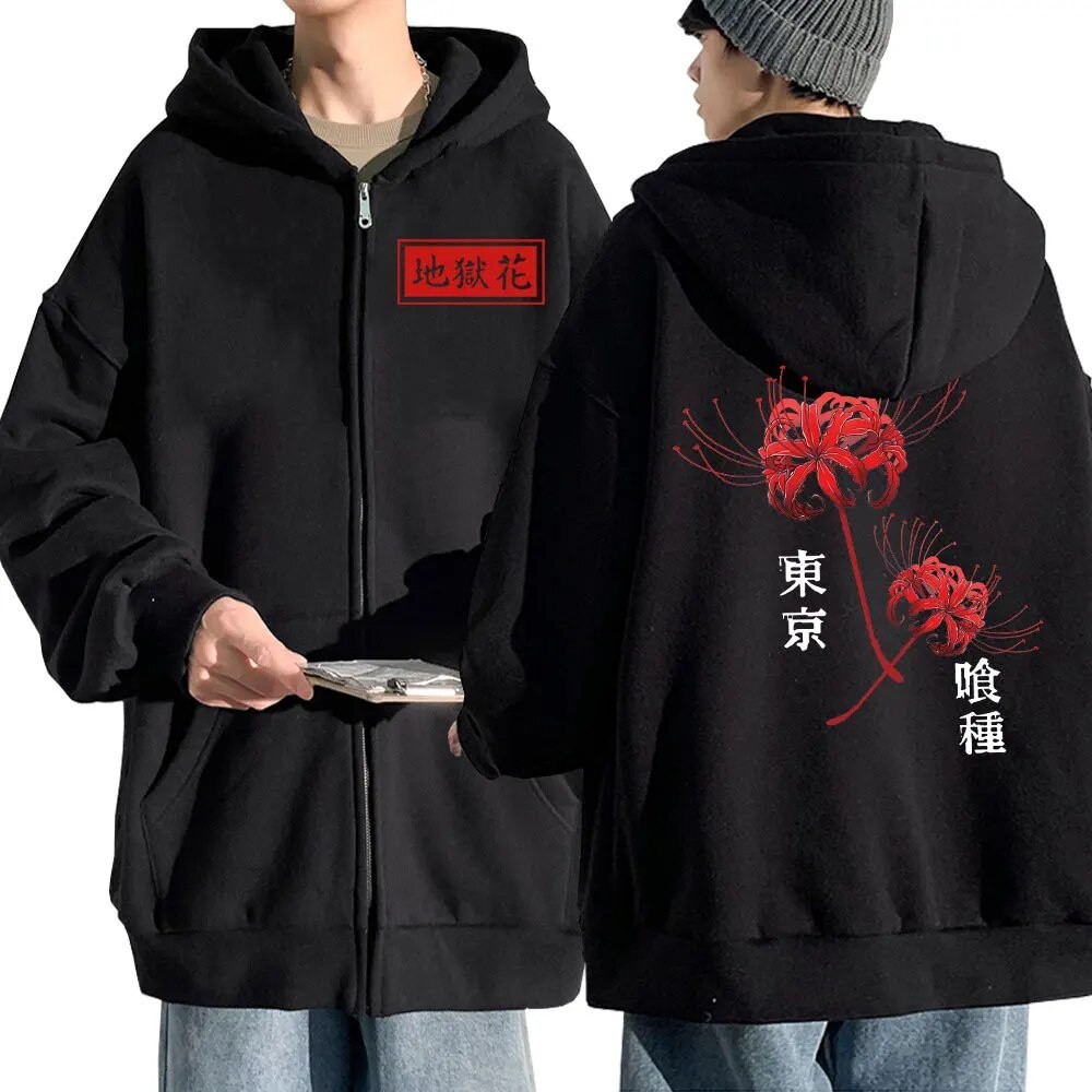 Baju Naruto Anime Tokyo Ghoul Spider Lily Zipper Hoodies มังงะ Kanekiken กราฟิก Zip Up Hooded M-3XL