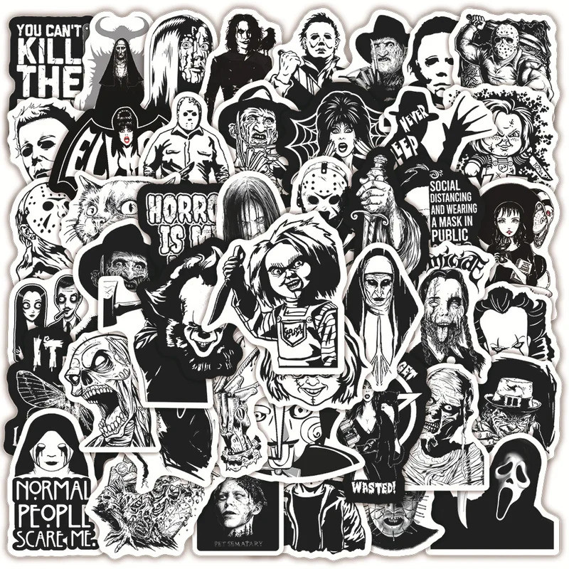 50pcs Cool Black White Thriller Horror Movie Stickers DIY Toys Car Skateboard Guitar Luggage Decal S