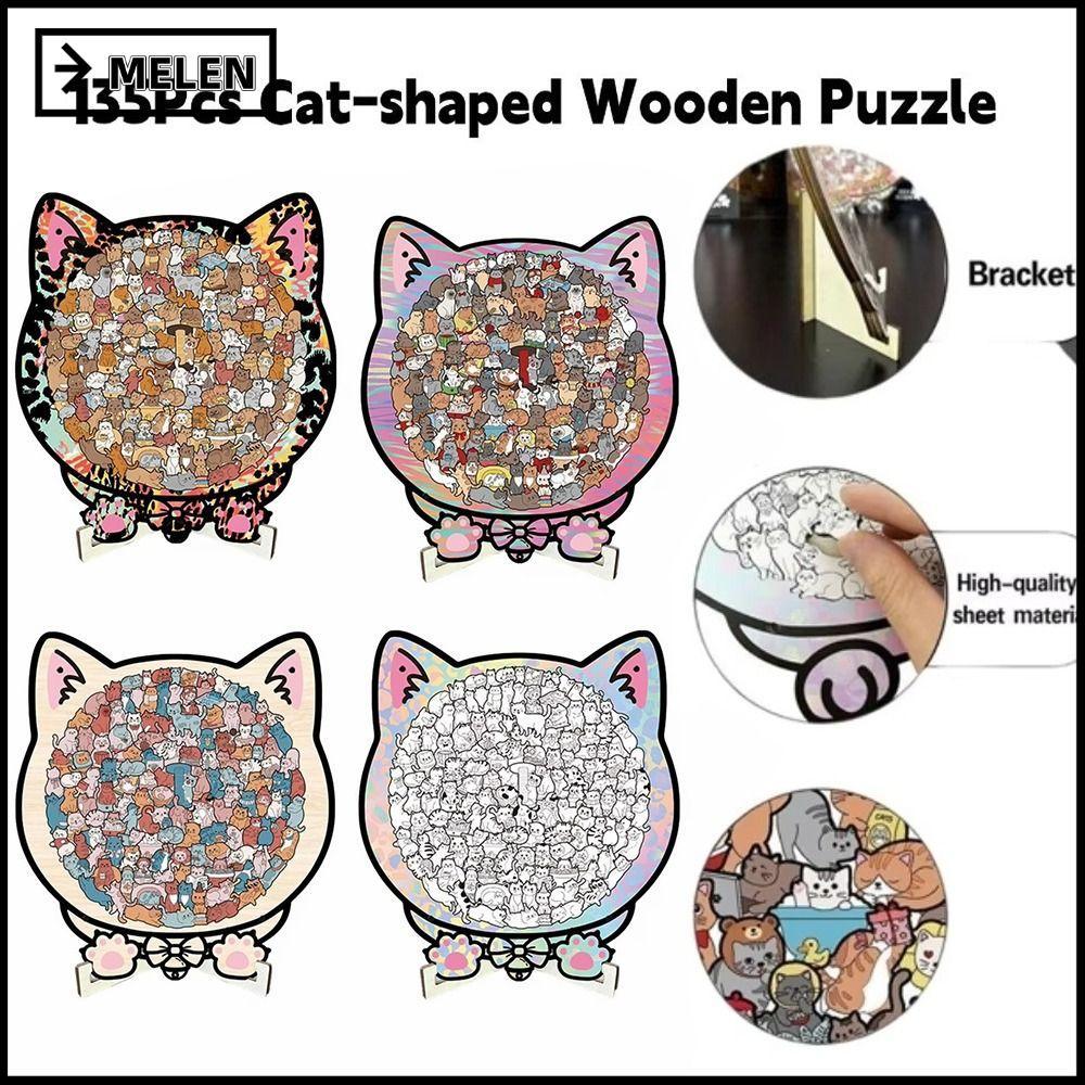 MELEN ปริศนารูปแมวสี Morandi เครื่องประดับปริศนาแมว|Color Cat Wooden Jigsaw Puzzle 135 ชิ้นพร้อม Cat Silhouette Frame Cut Cat Pieces