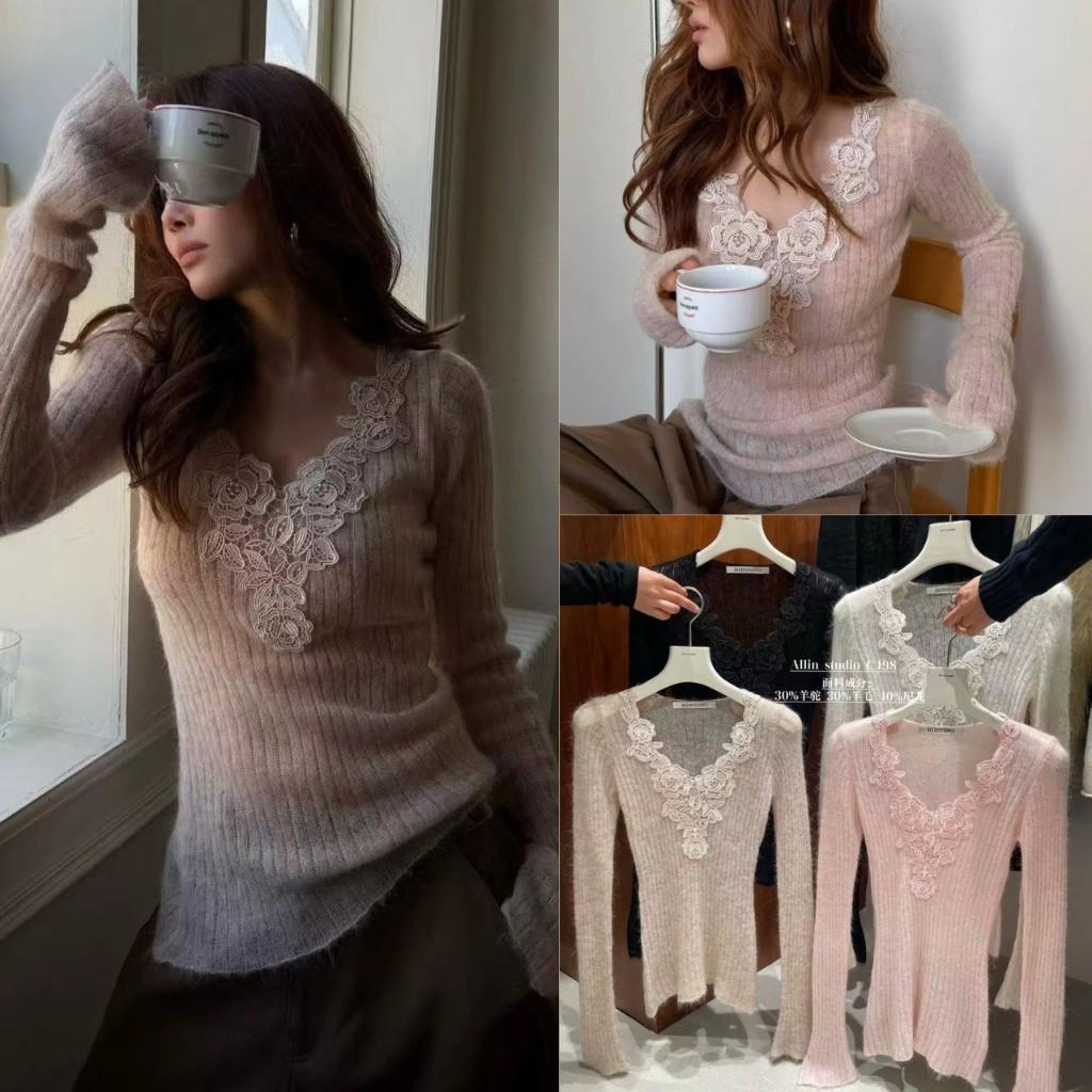 ❤ 🧵 🇰🇷 C6573 เสื้อแขนสั้นยาวผ้าทอ ไม่หนาไม่บาง แต่งผ้าลูกไม้ที่คอ งานสวยเก๋ แฟชั่นเกาหลี TAG CUI  🧵🧡