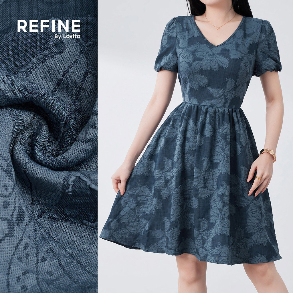R32-MAR26-G-V คอ Jacquard เอวแคบ Dress-DRR32P2D588