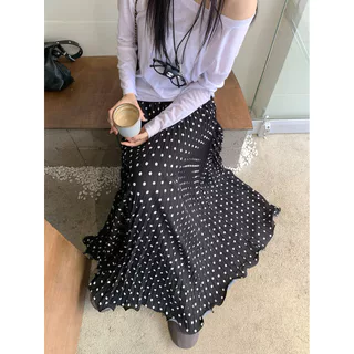 YODO กระโปรงจีบลายจุดยาวขึ้น กระโปรงเอวสูงพลิ้วสวยช่วยให้ดูเพรียว #2059