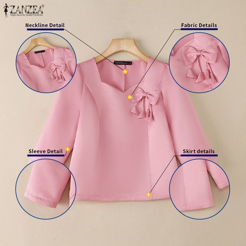 ZANZEA ซานเซีย สวมใส่ง่ายสไตล์เกาหลีสำหรับผู้หญิง คอเหลี่ยมแขนยาว 3/4 มีซิปด้านข้าง ทำจากผ้าซาติน — صورة 7