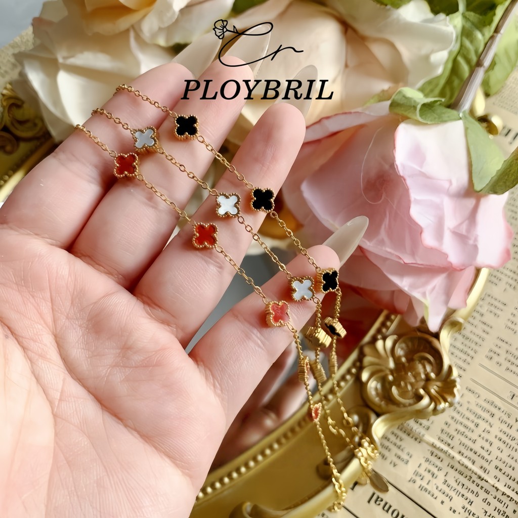 สร้อยข้อมือโคลเวอร์สี่ใบเหล็กไทเทเนียม9มม.สร้อยคอผู้หญิงเครื่องประดับพรีเมี่ยมไม่ซีดจางชุดสร้อยคอสร้อยข้อมือ S029