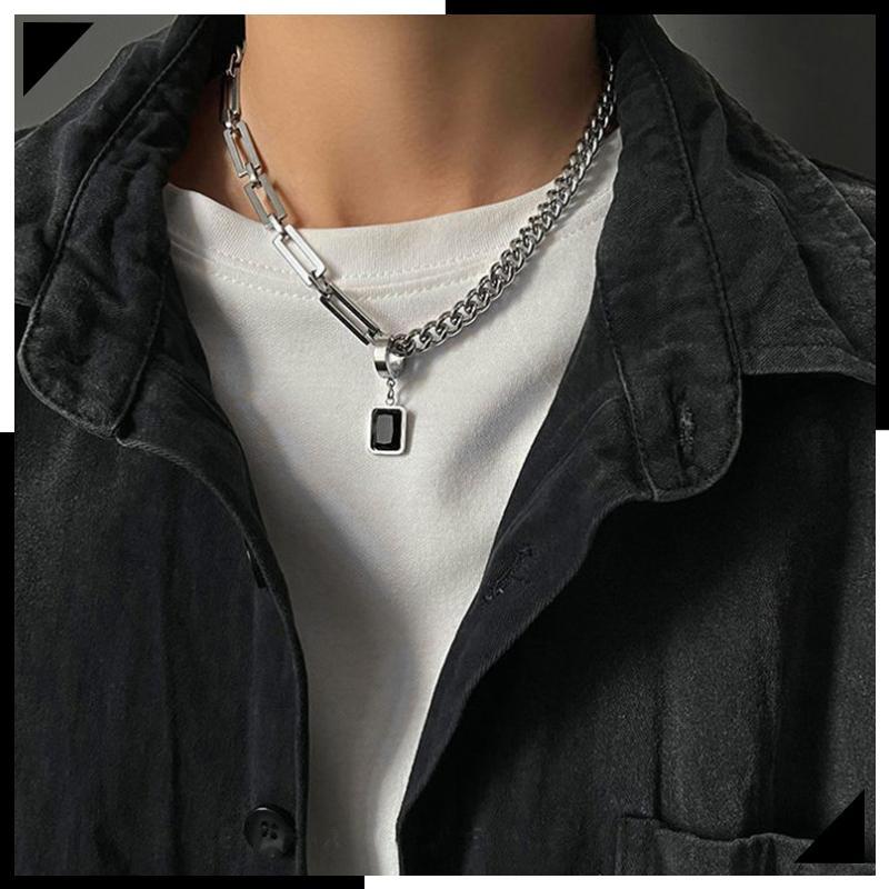 Ady】สร้อยคอจี้สเตนเลสสี่เหลี่ยมสีดำสไตล์ฮิปฮอปสำหรับผู้ชาย