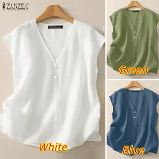 ZANZEA เสื้อลายอเนกประสงค์สำหรับผู้หญิง ออกแบบสไตล์เกาหลี แขนสั้น มีกระดุม V-neck ทำจากผ้าฝ้ายและลินิน เหมาะสำหรับวันหยุดและสวมใส่ในช่วงฤดูร้อน