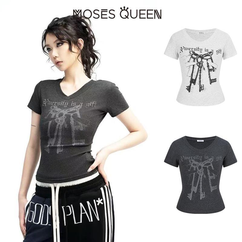 MOSESQUEEN เสื้อยืดแขนสั้นสำหรับผู้หญิง สไตล์เรโทร พิมพ์ลายคลาสสิก ทรงกระชับ เหมาะสำหรับวันสบายๆ  #63522