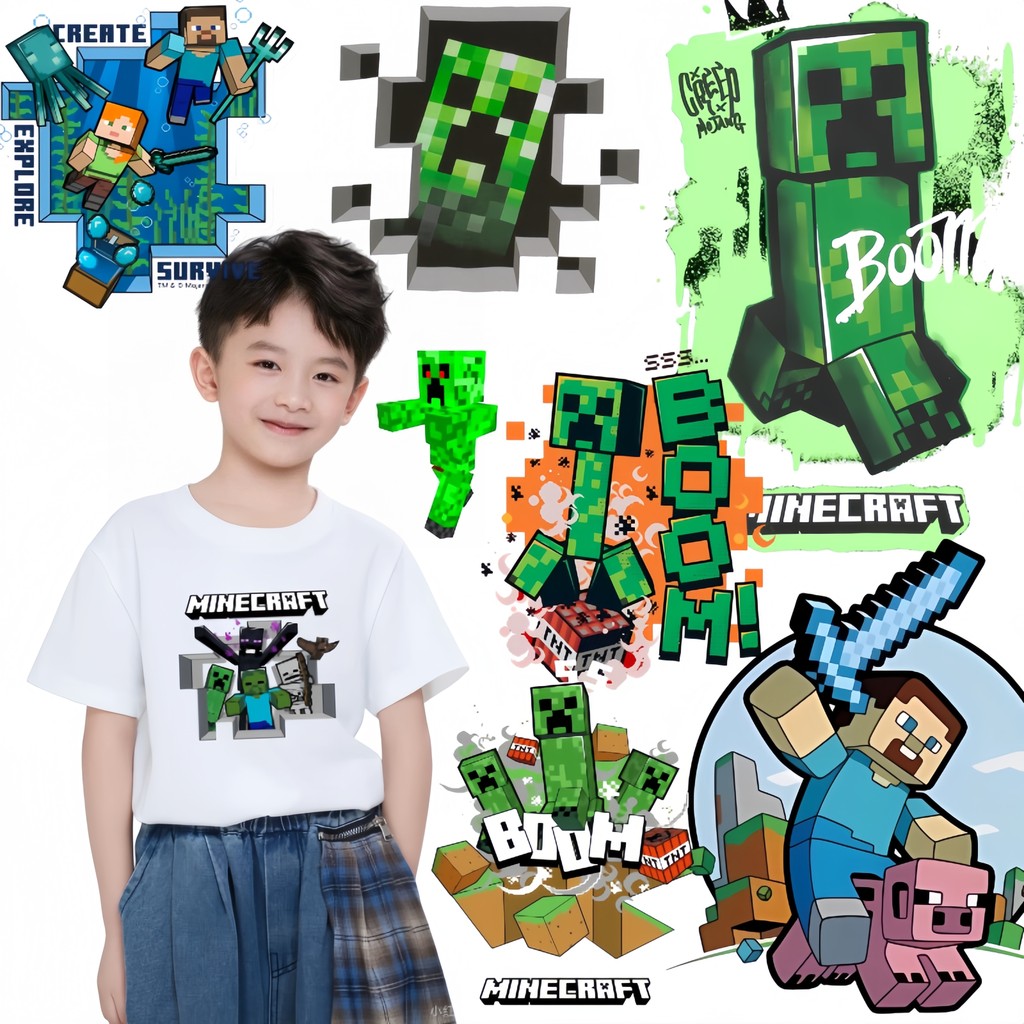 สติกเกอร์พิมพ์แบบถ่ายเทความร้อน Minecraft DIY กับปั๊มร้อนดีไซน์การ์ตูน สำหรับเสื้อผ้า