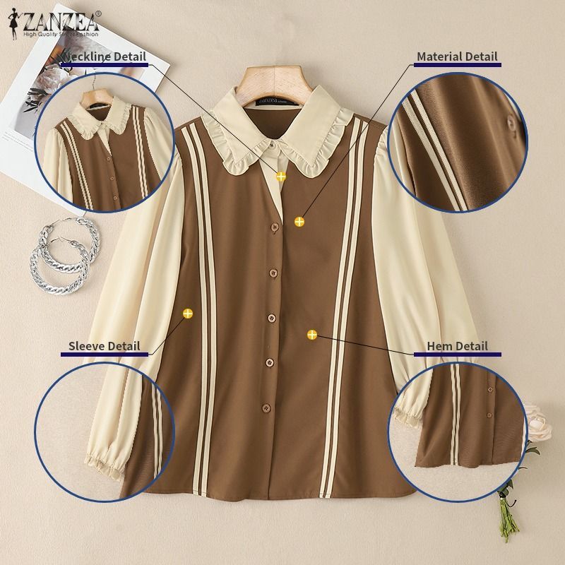 ZANZEA ชุดกระโปรงสไตล์เกาหลีสำหรับผู้หญิง ดีไซน์ตุ๊กตา แขนสั้น มีระบายและขอบข้อมือตัดกัน - รูปที่ 5